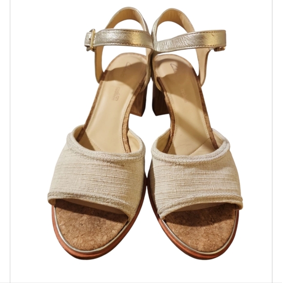 Clarks Ellis Clara metallic combo block heel sandals size 9 cork linen Coquette - Picture 2 of 10